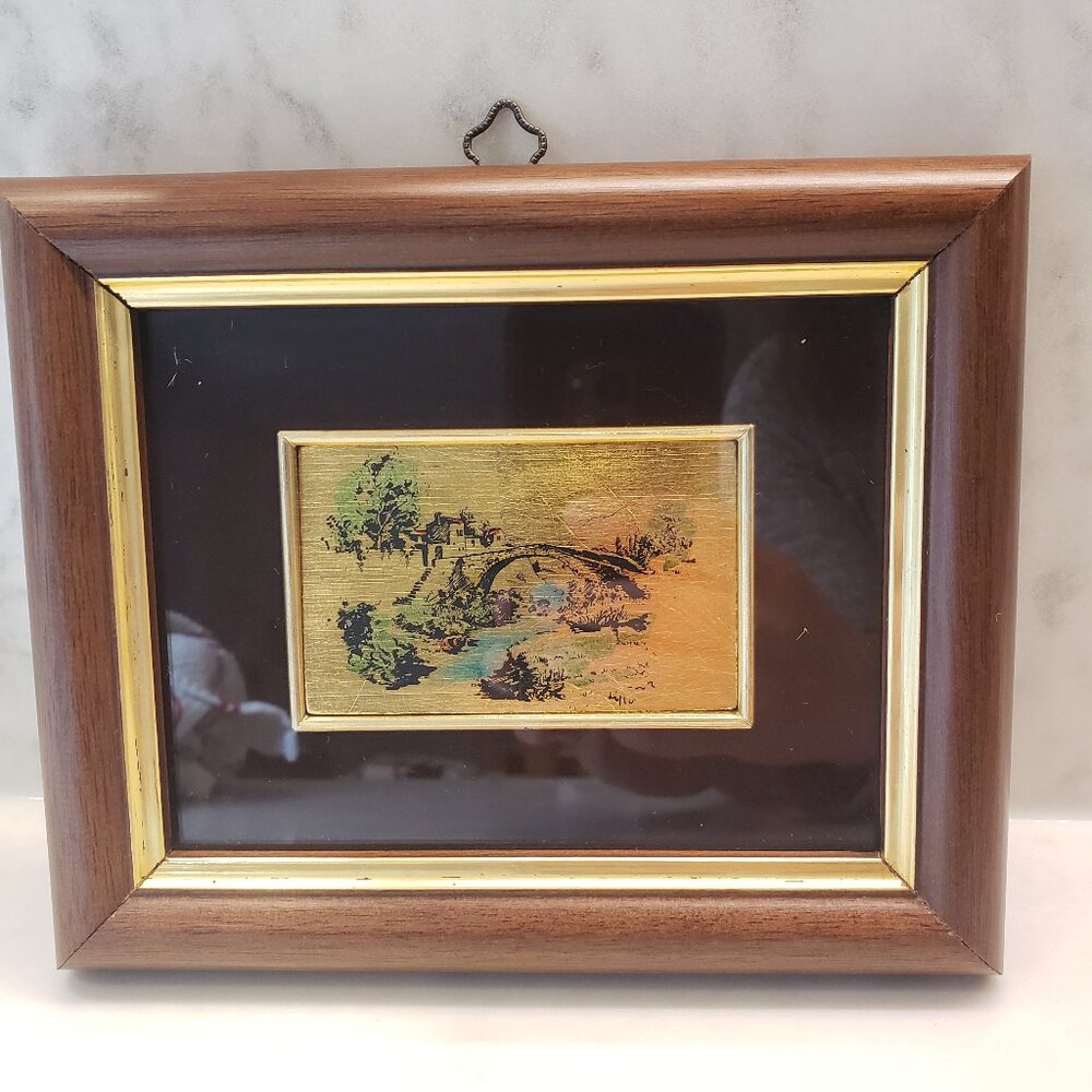 Vintage Italian Picture of a Bridge, Stream &Nature on hand-painted on gold leaf